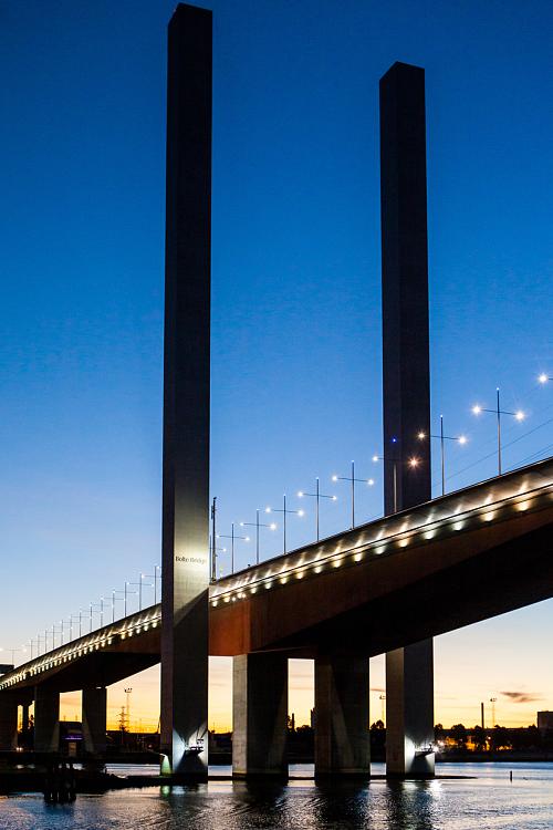 The Bolte Bridge crossing the Yarra River at night in Melbourne, Victoria, Australia